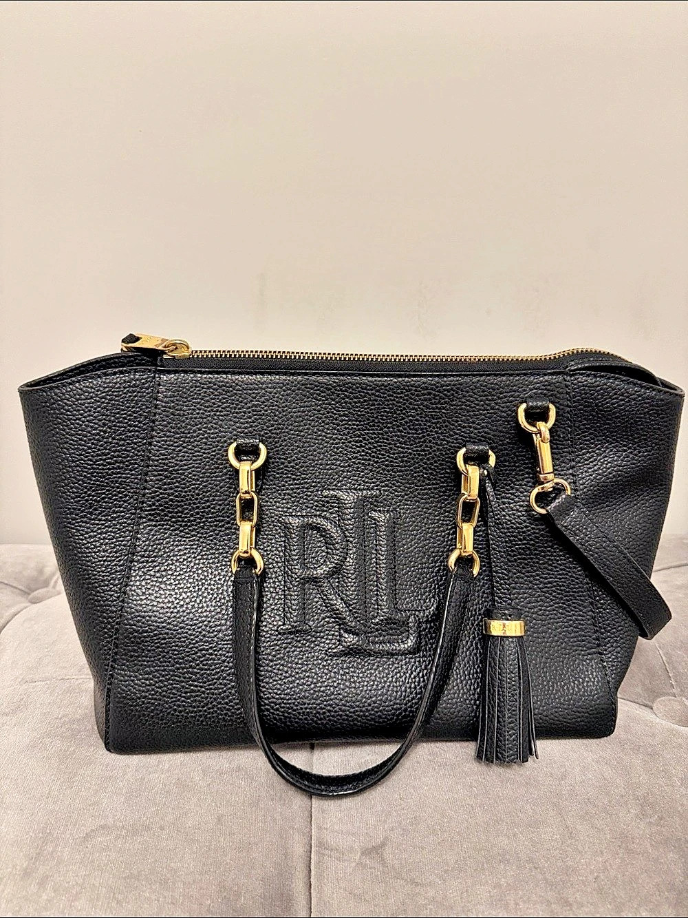 Ralph Lauren RL Logo Tote Black Tote with Tassel Like New